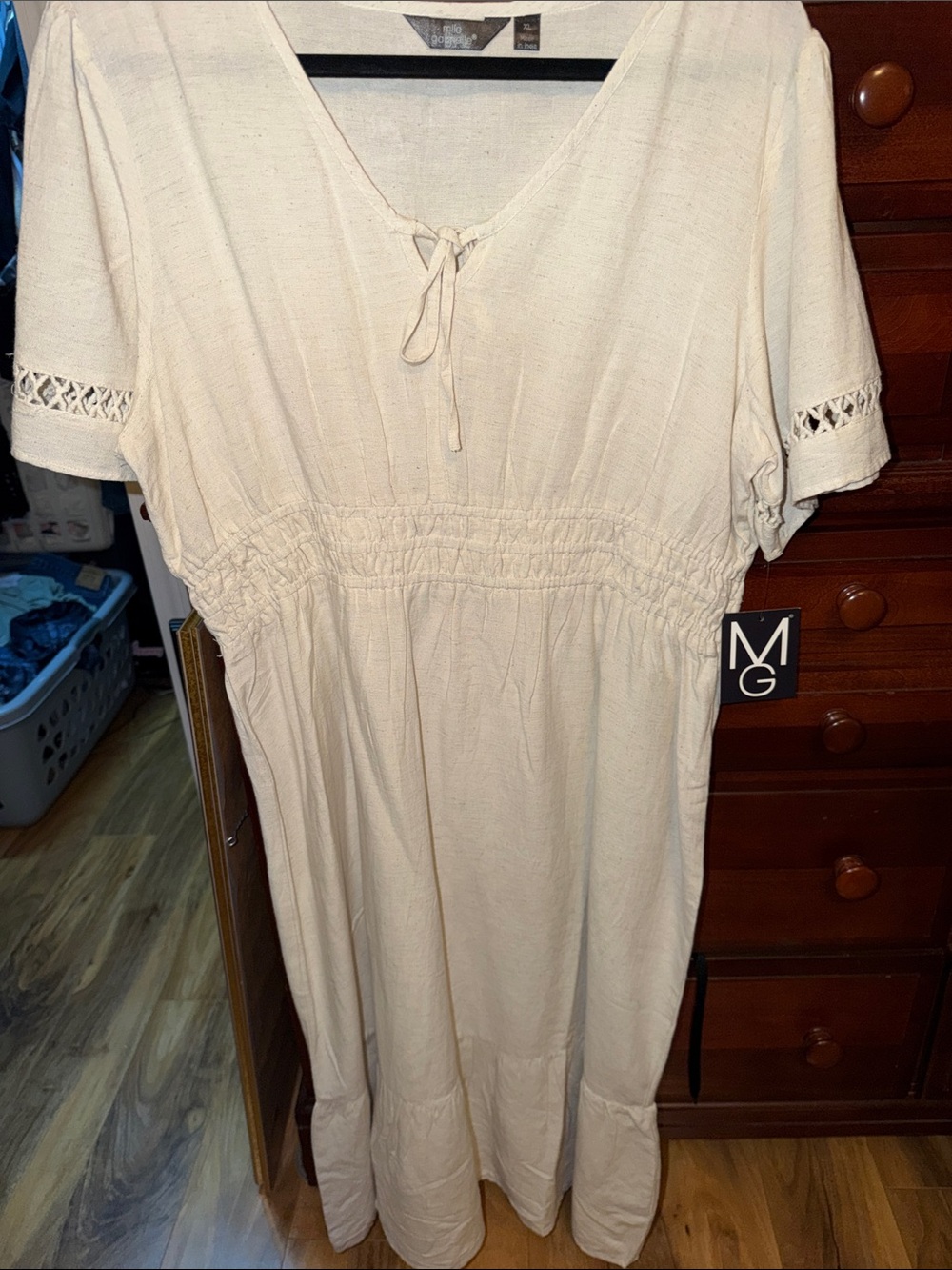 Mlle Gabrielle Cream Maxi Dress with Smocked Waist and Lace Trim